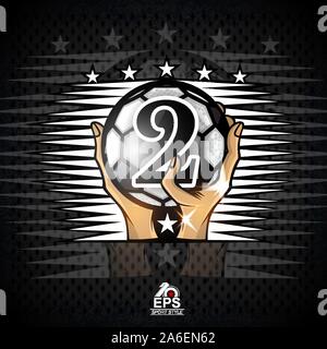Zwei Hände halten Fußball mit der Nummer zwei. Sport Logo für jede Fußballmannschaft oder Wettbewerb Stock Vektor