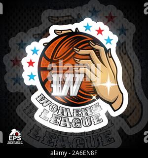 Zwei lady Händen halten Basketball Ball mit Buchstabe W. Sport Logo für jede Frau Team oder den Wettbewerb Stock Vektor