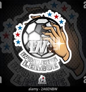 Zwei lady Händen halten Fußball mit Buchstabe W. Sport Logo für die Fußball Frau Team oder den Wettbewerb Stock Vektor