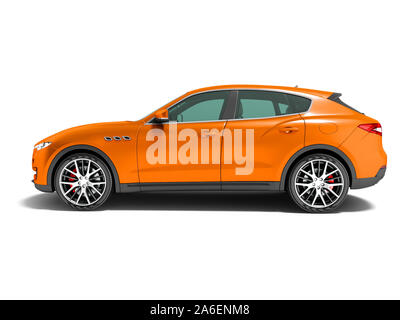 Moderne orange Auto Crossover für Geschäftsreisen Seitenansicht 3D-Rendering auf weißem Hintergrund mit Schatten Stockfoto