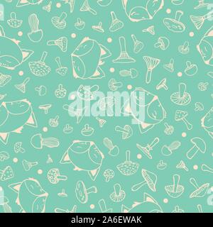 Cute fox Nahtlose doodle Muster, Wolf Hand gezeichnet Wald Hintergrund mit Pilzen und dot, Vector Illustration Stock Vektor