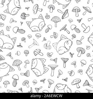 Cute fox Nahtlose doodle Muster, Wolf Hand gezeichnet Wald Hintergrund mit Pilzen und dot, Vector Illustration Stock Vektor