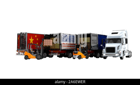 Modernes Konzept der Verladung von Waren in Anhänger für den Transport Kipper 3D-Render auf weißem Hintergrund kein Schatten Stockfoto