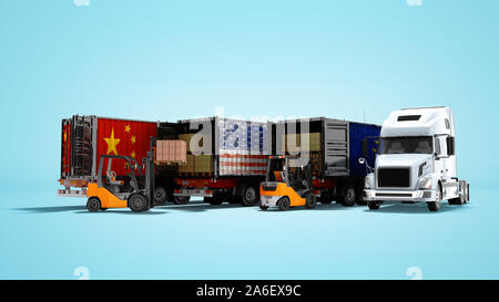 Modernes Konzept der Verladung von Waren in Anhänger für den Transport Kipper 3D-Render auf blauem Hintergrund mit Schatten Stockfoto