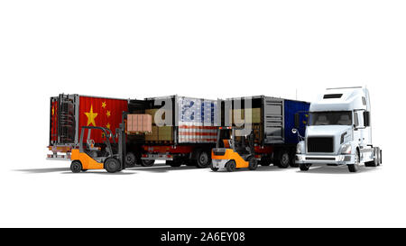 Modernes Konzept der Verladung von Waren in Anhänger für den Transport Kipper 3D-Render auf weißem Hintergrund mit Schatten Stockfoto