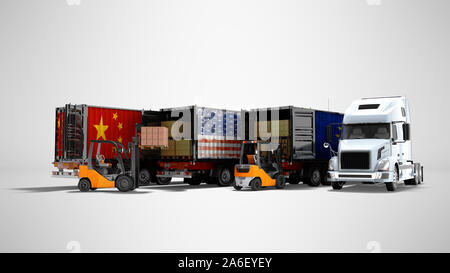 Modernes Konzept der Verladung von Waren in Anhänger für den Transport Kipper 3D-Render auf grauem Hintergrund mit Schatten Stockfoto
