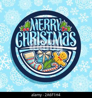 Vektor logo für Fröhliche Weihnachten, dunkle runde Aufkleber mit Kids Socken, süßen Lebkuchen, Blätter von Holly Berry, Zuckerstange, Geschenkbox, original Br Stock Vektor