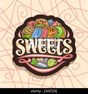 Vektor logo für Süßigkeiten, dunklen Repräsentant mit Haufen von Cartoon gourmet Backwaren, original Pinsel Kalligraphie für Word Spezialitäten, verpackte Bonbons und Farbe Stock Vektor