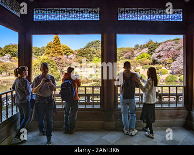 4. April 2019: Tokyo, Japan - Besucher im Pavillon am See anzeigen Shinjuku Gyoen National Garten, Tokio, in Cherry Blossom Saison. Stockfoto