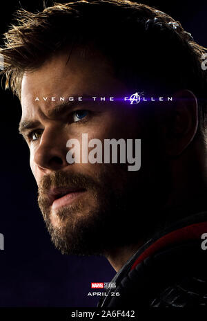 Charakter voraus Plakat für Avengers: Endgame (2019) unter der Regie von Anthony und Joe Russo starring Chris Hemsworth wie Thor. Der epische Abschluss und 22 Film in der Marvel filmischen Universums. Stockfoto