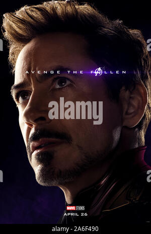 Charakter voraus Plakat für Avengers: Endgame (2019) unter der Regie von Anthony und Joe Russo mit Robert Downey Jr. als Tony Stark/Iron Man. Der epische Abschluss und 22 Film in der Marvel filmischen Universums. Stockfoto