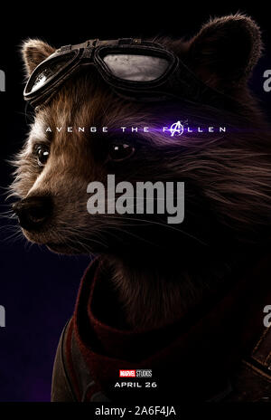 Charakter voraus Plakat für Avengers: Endgame (2019) unter der Regie von Anthony und Joe Russo Hauptdarsteller Bradley Cooper als Rakete. Der epische Abschluss und 22 Film in der Marvel filmischen Universums. Stockfoto