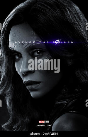 Charakter voraus Plakat für Avengers: Endgame (2019) unter der Regie von Anthony und Joe Russo starring Zoe Saldana als Gamora. Der epische Abschluss und 22 Film in der Marvel filmischen Universums. Stockfoto