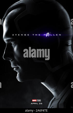 Charakter voraus Plakat für Avengers: Endgame (2019) unter der Regie von Anthony und Joe Russo mit Paul Bettany als Vision. Der epische Abschluss und 22 Film in der Marvel filmischen Universums. Stockfoto