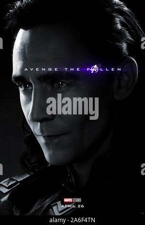 Charakter voraus Plakat für Avengers: Endgame (2019) unter der Regie von Anthony und Joe Russo starring Tom Hiddleston als Loki. Der epische Abschluss und 22 Film in der Marvel filmischen Universums. Stockfoto