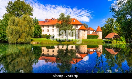 Schönen mittelalterlichen Burgen von Slowenien - Grad Otocec über Fluss Krka Stockfoto
