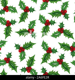 Nahtlose Muster mit roten Beeren, Aquarell Holly Berry Stockfoto