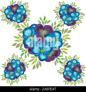 Aquarell Stiefmütterchen Blumen Bouquet, florale Dekoration mit blau und lila Blüten isoliert auf weißem Stockfoto