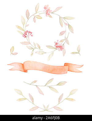 Aquarell rustikalen Kranz. Zweige, Beeren, Ribbon. Rustikale Zweig Monogramm. Dekor für Einladungen. Weißer Hintergrund. Druckqualität. Stockfoto