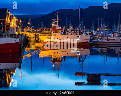 Moloen, Bodo, Norwegen - 18 August, 2019: Blick auf die Marina und die Fischerboote mit Spiegelbild im Wasser während der Nacht. Nordland. Europa. Tor zu Stockfoto