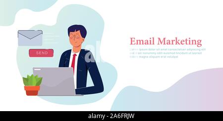 Kaufmann e-Mail senden. E-Mail Marketing Unternehmenskommunikation schreiben modernes Unternehmen Mitarbeiter auf Laptop verwalten Posteingang e-mail. Stock Vektor