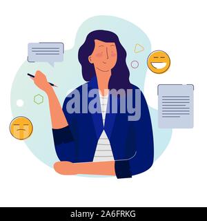 Storyteller Frau mit Stift auf Papier mit Smiley Emoticon. Geschichte Inhalt essay Journalismus. Journalist editor Witze zu machen. Stock Vektor