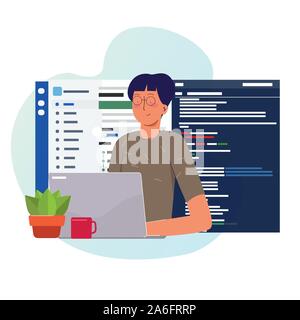 Programmierer arbeiten Schreiben von Code auf Laptop mit Zeile Code Programmiersprache auf dem Bildschirm. Web Entwickler, die Versionsverwaltung. Stock Vektor