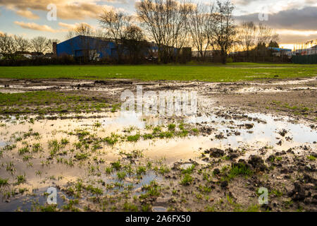 Einem überschwemmten Feld in der Schule, schlechte Entwässerung, nasses Gras und Sportplatz Stockfoto