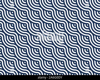 Blaue und weiße Streifen weben Textur. Im japanischen Stil Wellenlinien nahtlose Muster. Moderne abstrakte geometrische Muster Fliesen. Vector Illustration Stock Vektor