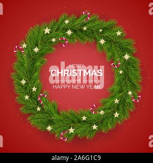 Frohe Weihnachten und guten Rutsch ins neue Jahr. Weihnachtsbaum Kranz verziert mit goldenen Sternen und Zuckerstangen. Urlaub Dekoration Element auf rotem Hintergrund Stock Vektor