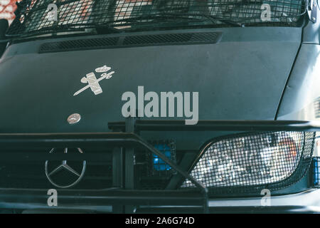 Valencia, Spanien - 5. Mai 2019: Close-up Detail des Logos und Markierungen auf den Van der spanischen Guardia Civil Bei einer Routinepatroullie geparkt. Securit Stockfoto