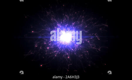 Rosa und Lila futuristischen Raum Partikel in hellen runden Energie Struktur. Space Orb VFX design Element. Abstrakte bunte Lichter Hintergrund animation Energie Strahl des Power elektro magnetischen. Stockfoto