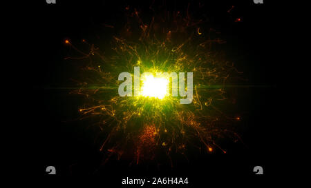 Gold und Gelb futuristischen Raum Partikel in hellen runden Energie Struktur. Space Orb VFX design Element. Abstrakte bunte Lichter Hintergrund animation Energie Strahl des Power elektro magnetischen. Stockfoto