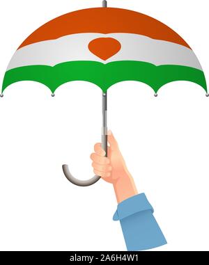 Niger Flagge. Hand mit Regenschirm. Das Konzept der sozialen Sicherheit. Nationalflagge von Niger Vector Illustration Stock Vektor
