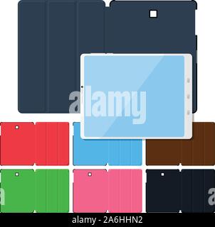 Set aus bunten flache Tablet PC-Gehäuse. Schwarz, Leder, grün, rot, blau, pink. Stock Vektor