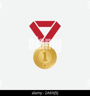 Goldmedaille logo Template Vector Illustration Icon Design, Medaille mit roter Schleife für den ersten Platz Symbol, Medaille flachbild Symbol Abbildung, Champions Medaille Symbol Abbildung, award Logo Stock Vektor