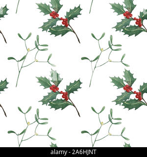 Aquarell von Hand bemalt nahtlose Muster von Holly und Mistelzweige auf weißem Hintergrund, Weihnachten Werk Illustration für Urlaub design Stockfoto