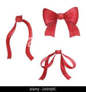 Aquarell Sammlung von rote Schleifen auf weißem Hintergrund, Illustration für Urlaub und festliche Design, beste für Weihnachten und Winter Stockfoto