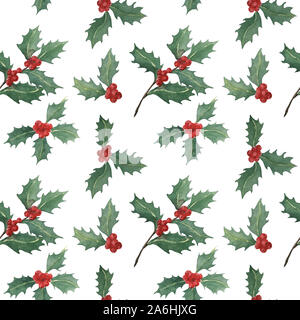 Aquarell von Hand bemalt nahtlose Muster von Holly Zweige, Weihnachten Werk Illustration für Urlaub Design, Textil, Verpackung, Tapeten Stockfoto