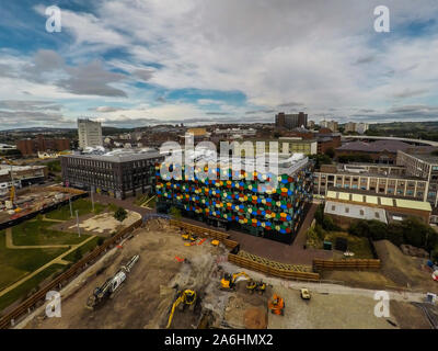 Luftaufnahme von Arbeit weiterhin auf das neue Hilton Hotel Komplex an der Eine Smithfield Ort, Stoke on Trent Rathauses, komplexe Stockfoto