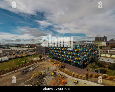 Luftaufnahme von Arbeit weiterhin auf das neue Hilton Hotel Komplex an der Eine Smithfield Ort, Stoke on Trent Rathauses, komplexe Stockfoto