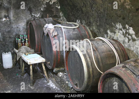 Fässer mit Wein innerhalb des kleinen Weinkeller auf dem Hügel am Rande des Dorfes sind in Bogacs, Ungarn gesehen am 29. März 2019 Bogacs Weinkeller ist ein Ort, wo Menschen den Geschmack der feurig Rot- und Weißwein aus der Gegend von lokalen Winzer © Michal Fludra/Alamy Leben Nachrichten aus und kaufen Stockfoto