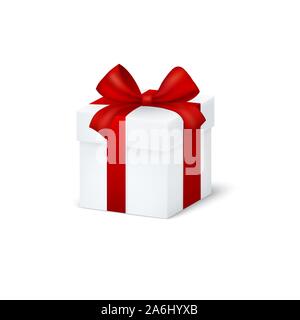 Geschenk Box mit rotem Band und Bogen auf weißem Hintergrund. Vector Illustration Stock Vektor