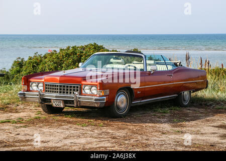 Red Cadillac Eldorado ist während der jeden Montag retro Autos Besitzer treffen auf dem öffentlichen Strand von Hevringholm gesehen, Dänemark am 29. Juli 2019 © Michal Fludra/Alamy leben Nachrichten Stockfoto