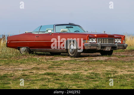 Red Cadillac Eldorado ist während der jeden Montag retro Autos Besitzer treffen auf dem öffentlichen Strand von Hevringholm gesehen, Dänemark am 29. Juli 2019 © Michal Fludra/Alamy leben Nachrichten Stockfoto