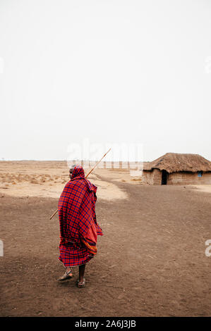 JUN 24, 2011 Serengeti, Tansania - afrikanischen Masai oder Masai Stamm Mann im roten Tuch alleine steht, sein Dorf in Leere staubige Land an kalten nebligen Tag. Stockfoto