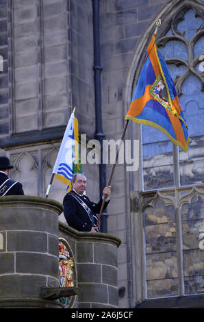 Reiter und civic Zahlen im Jahr 2019, der Märsche in Edinburgh, Schottland, Großbritannien. Über 250 Pferde und Reiter nahmen an der Veranstaltung teil. Stockfoto