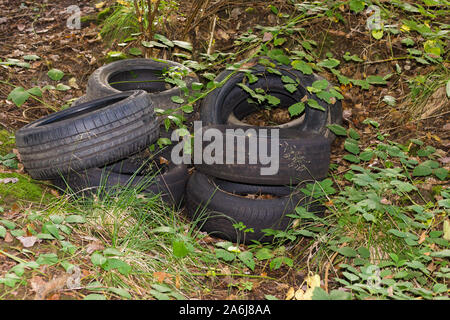 Altreifen illegal entsorgt oder Fliegen in einem Wald im Norden von Wales UK gespitzt Stockfoto