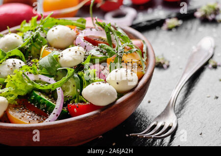 Gemüsesalat mit mocarella Käse, Salat, Tomaten, Radieschen, Gurken, Zwiebeln und Basilikum in Ton Teller Stockfoto