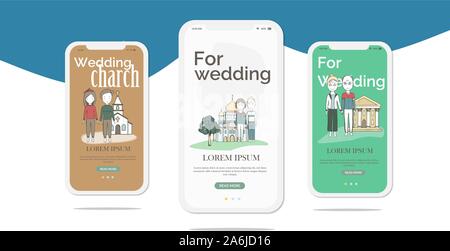 Heirat auf mobilen App-Onboarding-Bildschirmen. Flache alte und junge Leute bieten an, auf Charch, Hochzeit, Flitterwochen auf Proben zu heiraten. Banner für Stock Vektor